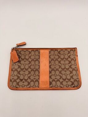 COACH Signature Slim Zip Wallet Brown Canvas Leather Trim Flat Pouch